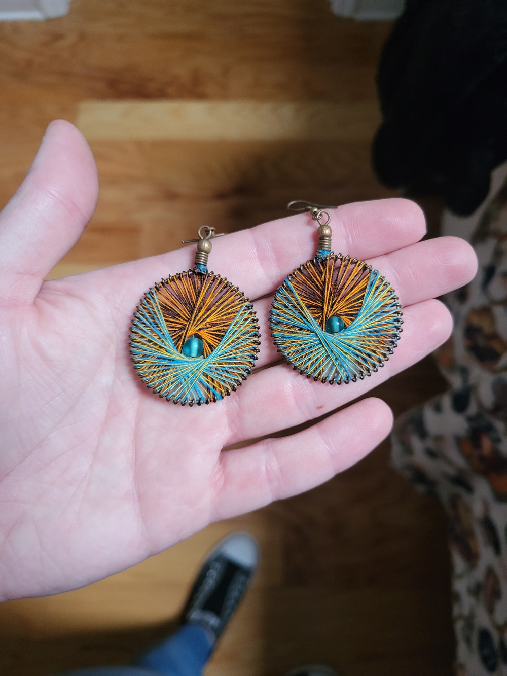 Handwoven Teal and Orange Round Thread Drop Earrings